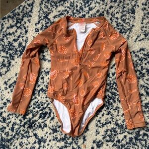 Orange Seashell Print Long Sleeve Swimsuit